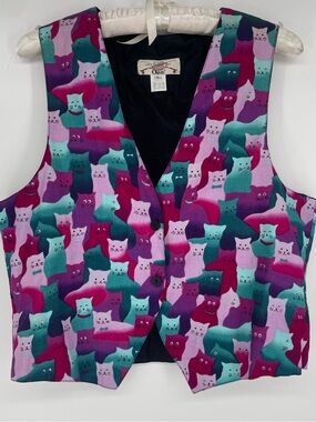 Vintage Orvis 100% Cotton Novelty Cat Print Kitschy Vest / Whimsical Waistcoat